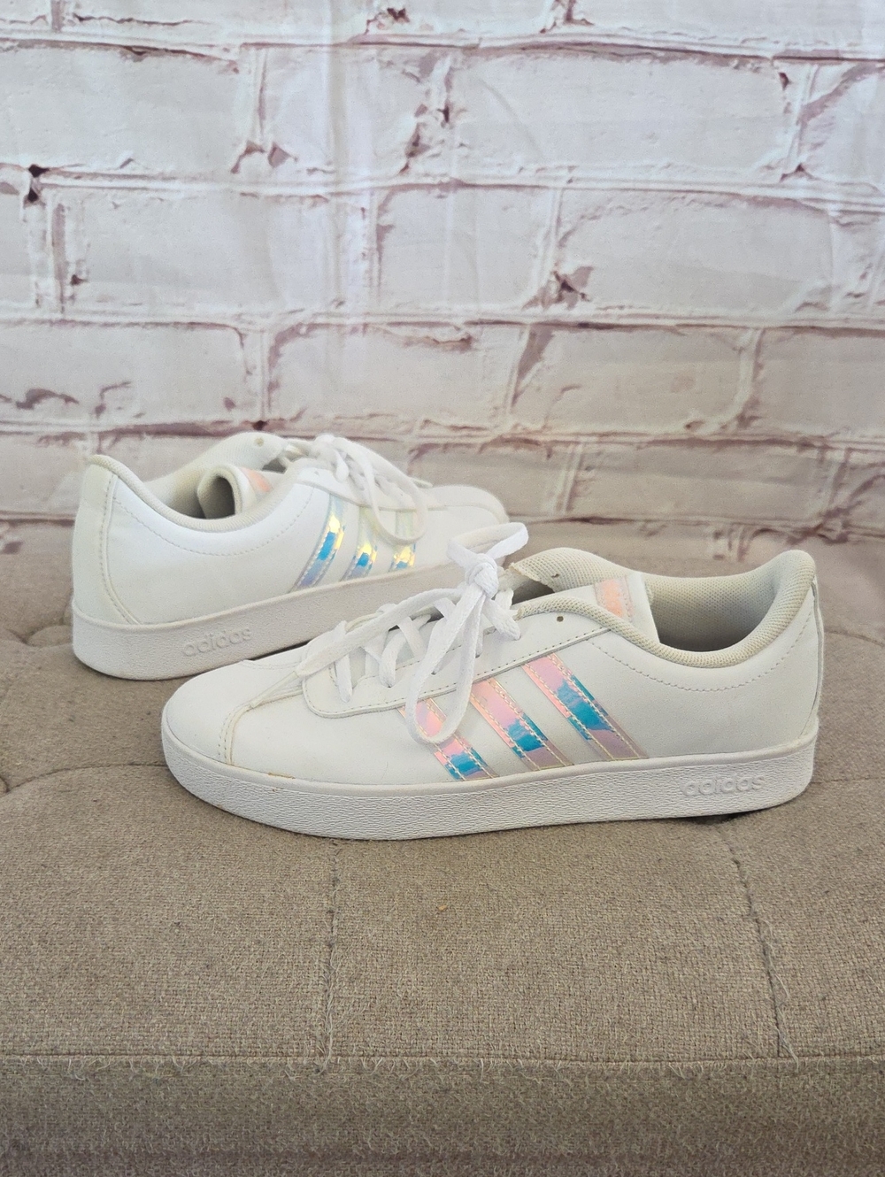 adidas Women’s White Sneakers with Iridescent Pink-Blue Stripes